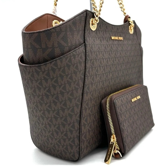 Michael Kors Large Jet Set Travel Chain Shoulder Bag & Double Zip Wallet Brown - Picture 4 of 14
